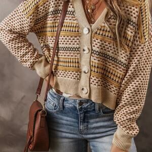 NEVER WORN Buttoned V Neck Cropped Beige and Brown Women's Sweater | Size M